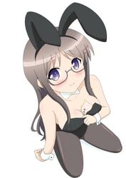 artist_request blush breasts brown_hair bunny_ears bunnysuit cleavage clothing detached_collar endou_rino female glasses jinsei lavender_eyes pantyhose wrist_cuffs