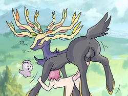 2014 antlers castform female from_behind huge_cock human male outside penis pokemon pokemon_(species) pokephilia sex straight trainer vaginal_penetration xerneas zoophilia