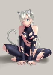 1girls animal_ears areolae arm_support barefoot black_gloves black_legwear blush bodysuit breasts cat_ears cat_tail detached_sleeves earrings elizabeth_liones embarrassed exposed_breasts female fingerless_gloves full_body gloves hair_over_one_eye halterneck jewelry kai_(link2262) leotard long_hair medium_breasts nanatsu_no_taizai navel nekomimi nipples shadow silver_hair simple_background sitting solo solo_female tail thighhighs thighs toeless_legwear torn_clothes torn_legwear torn_leotard very_long_hair white_hair