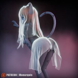 1:1 3d_(artwork) 4k anthro artist_name ass bedsheet_ghost big_breasts breasts clothing costume digital_media_(artwork) felid female genitals hair hi_res long_hair looking_at_viewer mammal momo_(monarquis) monarquis nude nude_female pantherine pussy red_hair snow_leopard solo standing