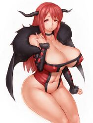 1girls adapted_costume archenemy_and_hero areolae bottomless breasts choker cleavage cleavage_cutout curvy demon demon_girl demon_horns erect_nipples fake_horns female fumio_(rsqkr) fur horns huge_breasts lips long_hair maou mound_of_venus navel nipple_bulge off_shoulder plump red_eyes red_hair sitting solo voluptuous