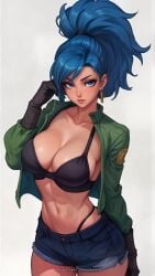 1girls ai_generated big_ass big_breasts blue_eyes blue_hair breasts busty clothed earrings female gloves jean_shorts king_of_fighters leona_heidern light-skinned_female light_skin long_hair military pale-skinned_female pale_skin ponytail shorts standing thick_thighs thighs thong tied_hair voluptuous voluptuous_female wide_hips