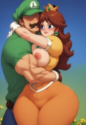 1boy 1girls ai_generated arms_around_neck arms_around_partner big_thighs blue_eyes blue_pants boxingjim_(artist) breasts breasts_out brown_hair clothing couple crown duo ear_piercing enormous_thighs eyeless_male facial_hair female flowers gloves green_hat green_shirt hug huge_thighs human large_thighs light-skinned_female light-skinned_male light_skin long_hair luigi male male/female mario_(series) moustache muscular muscular_arms muscular_male nintendo nipples princess princess_daisy royalty standing straight thick_thighs voluptuous voluptuous_female wide_hips