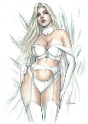 blonde_hair blue_eyes emma_frost female female_only garter_straps gustavo_izumi hellfire_club large_breasts marvel marvel_comics panties pinup tramastudio white_queen x-men