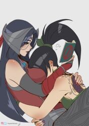 akali akali_jhomen_tethi bare_back bare_shoulders black_hair blue_eyes blue_hair book breasts clothed dark_blue_hair face_in_breasts hayashidraws irelia_xan league_of_legends lipstick nail_polish painted_nails ponytail purple_nails reading reading_book red_nails tattoos yuri