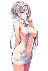 1girls ai_generated android blue_eyes breasts breasts exposed_back exposed_hips gray_hair hismajestyii jenn_schauber_(hismajestyii) jenn_schauber_(t-1p_body)_(hismajestyii) large_breasts light_skin mature mature_female novelai original original_character ponytail silver_hair slim slim_waist smile synthetic_body virgin_killer_outfit virgin_killer_sweater