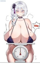 artist_name bikini blush bottomless closed_mouth convenient_censoring flower_in_hair gigantic_breasts hair_ornament heavy_breasts hyper_breasts mole_on_breast motion_lines no_panties noiretox purple_eyes side_braid single_braid smile steam weighing_breasts white_hair