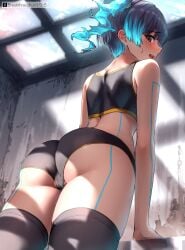 ass ass_focus blush body_lines breakthrough_rr brown_eyes flaming_hair multicolored_hair navy_blue_hair nice_ass panties ponytail sena_(xenoblade) side_ponytail sports_bra stockings sweat tagme tomboy xenoblade_(series) xenoblade_chronicles_3