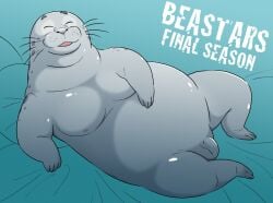 anthro beastars belly flaccid genitals grey_body lying male mammal marine moobs nipples nude on_side overweight penis pinniped pupils sagwuan_(beastars) seal slit_pupils smile solo teiso_dog whiskers