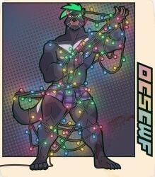 1boy absurd_res anthro barefoot black_body black_fur border bulge christmas_lights clothed clothing dasyurid dasyuromorph detailed_bulge entangled feet fur green_eyes green_hair hair halftone halftone_background hi_res holidays male mammal marsupial muscular muscular_male nipples outcast-stars pattern_background pattern_clothing pattern_underwear pecs plaid plaid_clothing plaid_underwear purple_clothing simple_background solo string_lights tail tasmanian_devil thick_arms thick_thighs underwear underwear_only upset weyland_here white_body white_fur