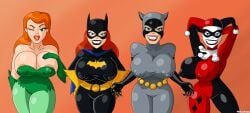 4girls areolae barbara_gordon batgirl batman:_the_animated_series batman_(series) big_breasts big_thighs blue_eyes breasts busty busty_female catwoman dark_lipstick dc_comics female female_only green_eyes hand_on_breast hands_behind_head harleen_quinzel harley_quinn hips large_breasts lips lipstick nipples nipples_visible_through_clothing orange_hair pamela_isley poison_ivy red_hair red_lipstick revealing_breasts revealing_clothes selina_kyle sexy suit superheroine tagme thighs unknowndraw6798