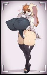 1girls ai_generated anthro anthro_milf bimbo covered_nipples erect_nipples gigantic_breasts glasses high_heels leotard milf otace platform_heels solo sonic_(series) sweater thick_thighs thighhighs vanilla_the_rabbit viewfinder wide_hips