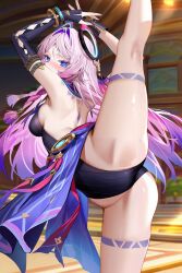 1girl ai_generated citlali_(genshin_impact) crotch flexible flexible_female genshin_impact leotard shiny_skin spread_legs standing_split tagme thighs