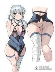 1dickgirl balls big_ass big_breasts big_penis blush blushing bottomless breasts canon_futanari clothed clothing dat_ass dickgirl donburikazoku erection futa_sans_pussy futanari human kaine_(nier) light-skinned_futanari light_skin looking_at_viewer mostly_nude nier nier_replicant penis perineum smooth_penis solo solo_futa standing white_hair