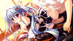 blue_hair blush breasts censored collarbone cum female game_cg hair_ornament long_hair luluna magical_marriage_lunatics!! moonstone nipples open_mouth ornament penis purple_eyes ribbon thighhighs tied_hair twintails yamakaze_ran