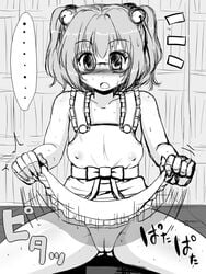 ... :o akatuki_(yamina) apron blush bow covered_nipples embarrassed female glasses hair_bobbles hair_ornament kosuzu_motoori looking_at_viewer monochrome motion_lines naked_apron no_panties presenting pussy short_hair sketch skirt skirt_lift solo surprised sweat tied_hair touhou trembling twintails uncensored