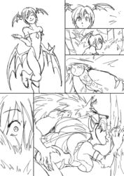 1boy 2girls brainsucks capcom clothing comic darkstalkers felicia flat_chest furry gallon interspecies jon_talbain lilith_aensland medium_breasts monochrome naked nude penis pussy sex straight voyeur