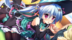 blue_hair censored elbow_gloves female game_cg gloves hair_ornament long_hair luluna magical_marriage_lunatics!! moonstone ornament penis purple_eyes thighhighs tied_hair twintails yamakaze_ran