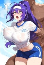 ai_generated arms_held_back arms_up bent_over blue_hair bouncing_breasts breasts_visible_through_clothing clothed_sex dark-skinned_male doggy_style fire_emblem from_behind gym_uniform interracial large_breasts long_hair mia_(fire_emblem) nipples nipples_visible_through_clothing no_bra ponytail running see-through sex standing_doggy_style standing_sex surprised tank_top tharkica track_and_field track_uniform