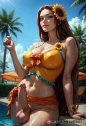 ai_generated balls covered_nipples erect_penis futa_sans_pussy futanari intersex league_of_legends leona_(league_of_legends) long_hair naikedart penis pool pool_party_leona pool_party_series sarong solo stable_diffusion sunflower