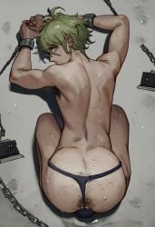 1boy ass ass_focus chained danganronpa danganronpa_v3 ear_piercing gay hairy male_only piercings rantaro_amami sweat thong