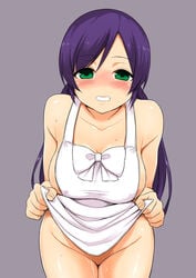 apron blush breasts cleavage erect_nipples female green_eyes grey_background grin large_breasts long_hair looking_at_viewer love_live! love_live!_school_idol_project migchip naked_apron purple_hair pussy_juice simple_background smile solo sweat toujou_nozomi