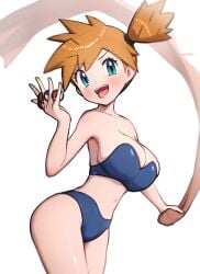 1girls absurdres bikini blue_bikini blue_eyes blush breasts cleavage coin collarbone female female_only gonzarez highres holding holding_poke_ball holding_towel human kasumi_(pokemon) large_breasts looking_at_viewer navel nintendo open_mouth orange_hair poke_ball pokemon pokemon_rgby pokemon_tcg pokemon_tcg_pocket ponytail raised_eyebrow short_hair side_ponytail smile solo standing swimsuit teeth tongue tongue_out towel white_background