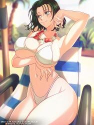 1girls beach_chair big_breasts bikini bikini_bottom bikini_top bottomwear breasts chair cleavage dark_green_hair female female_only fit_female fubuki_(one-punch_man) green_eyes green_hair hair high_resolution highres hips hourglass_figure huge_breasts large_breasts lei light-skinned_female mature_female navel neckwear one-punch_man opalisart short_hair slim_waist smile solo solo_female swimwear thick_thighs thighs topwear white_bikini wide_hips