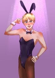 1boy 1femboy armin_arlert armpits attack_on_titan bare_shoulders blush blushing_at_viewer blushing_femboy blushing_male blushing_shoulders bowtie bowtie_collar bulge bulge_through_clothing bunny_boy bunny_costume bunny_ears bunny_tail bunnysuit collarbone confident confident_male cuff_links cute_male exposed_armpits exposed_arms exposed_shoulders fake_animal_ears fake_ears fake_rabbit_ears fake_tail femboy fishnet_legwear fishnet_pantyhose fishnet_stockings fishnets fully_clothed hand_on_hip hip_grab hips klaradraws latex latex_bodysuit leotard male male_focus male_only otoko_no_ko painted_nails pantyhose playful playful_smile pointing pointing_at_head pointing_at_self raised_eyebrows shingeki_no_kyojin simple_background smile smiling_at_viewer smirk smirking_at_viewer solo solo_focus spotlight suggestive_look twink usamin wholesome wrist_cuffs yaoi