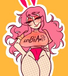 1girls arrabbiatahoe bia_(arrabbiatahoe) big_breasts blush breasts closed_eyes curly_hair curvy curvy_figure fishnet_legwear fishnets huge_breasts long_hair pink_hair simple_background smile solo t-shirt thighs white_outline yellow_background