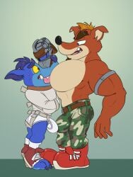 2020s 2022 2boys anthro ass bandicoot bara blue_eyes blue_fur briefs brothers bulge camouflage_pants chin_tuft crash_(series) crash_bandicoot crash_team_racing_nitro-fueled crunch_bandicoot footwear gay male male_only marsupial moobs muscular pants red_fur straitjacket tagme tongue tongue_out torn_footwear underwear video_games vir-no-vigoratus white_underwear