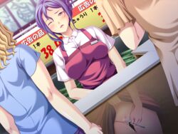 apron artist_request blue_hair blush censored clerk clothed_masturbation clothing hidden masturbation public pussy_juice secret shop skirt skirt_lift sneaky source_request stealth_masturbation under_the_table