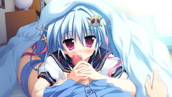 bed blue_hair blush censored female game_cg hair_ornament long_hair luluna magical_marriage_lunatics!! moonstone ornament penis purple_eyes tied_hair twintails underwear yamakaze_ran