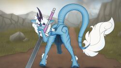 absurd_res animal_genitalia animal_penis anthro dragon equine_genitalia equine_penis fluffy fluffy_tail genitals hi_res horn kirin leaning leaning_forward leaning_on_object male melee_weapon mizuchi mythological_creature mythological_scalie mythology penis scalie solo spoopy-abby standing stripes sword tail weapon