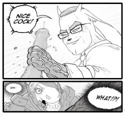 2koma animal_genitalia animal_penis anthro blindfold censored clothing comic duo english_text equid equine equine_genitalia equine_penis eyewear genitals glasses greyscale horse konami lagomorph leporid male male/male mammal metal_gear metal_gear_rising:_revengeance monochrome mosaic_censorship necktie nice_cock_(meme) penis penis_grab platinumgames rabbit raiden_(metal_gear) senator_armstrong_(metal_gear) shirt sirartwork text topwear