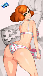 1girls ass back box bra breasts condom dat_ass dixi-q female green_eyes heart heart_bra heart_panties heart_print large_breasts looking_back orange_hair original panties short_hair solo underwear zoom_layer