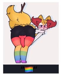 anthro ass blue_in_den blush braixen clothing digital_media_(artwork) erection fur generation_6_pokemon genitals hi_res knot legwear looking_at_viewer male meme nintendo nude penis pokemon pokemon_(species) simple_background smile solo solo_focus tail thigh_highs