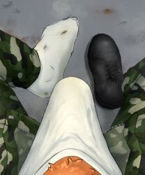 2024 absurd_res anthro black_clothing black_footwear boots bottomwear briefs bulge camo camo_bottomwear camo_clothing camo_pants camo_print clothing colored combat_boots crispyfox digital_drawing_(artwork) digital_media_(artwork) digital_painting_(artwork) dirt dirty dirty_clothing dirty_socks dirty_underwear erection feet felid feline first_person_view footwear fur green_bottomwear green_clothing green_pants grey_background grey_floor hi_res male male_only male_pov mammal military military_clothing military_pants military_uniform orange_body orange_fur orange_pubes pants pattern_bottomwear pattern_clothing pattern_pants procreate_(artwork) pubes scratches shoes signature simple_background smelly smelly_feet socks solo underwear uniform white_briefs white_clothing white_footwear white_socks white_underwear zipper zipper_down