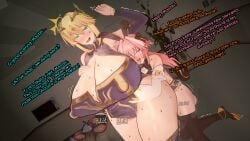 1boy 1girls artoria_pendragon artoria_pendragon_(lancer) astolfo_(fate) baobabz big_breasts big_penis blonde_hair blush cheating cucked_by_femboy fate/grand_order fate_(series) female femboy femboy_on_female femboydom huge_breasts huge_cock hung_femboy hung_trap hyper looking_at_viewer male male/female netorare ntr penis pink_hair straight trap