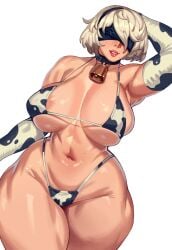 1girls areola areolae armpits armwear bikini breasts cow_print cowbell curvy curvy_figure huge_breasts lipstick nier nier_(series) nocturne_nsfw smiling smirk stomach thick_thighs thighs thong voluptuous yorha_2b