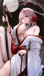 goddess_of_victory:_nikke holding_weapon huge_breasts huge_thighs katana moon nail_polish painted_nails red_nails scarlet_(black_shadow)_(longing_flower)_(nikke) scarlet_(black_shadow)_(nikke) scarlet_(nikke) sitting stars thick_thighs tree wide_hips