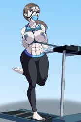 ball_gag big_breasts bondage bound female female_only femsub gag harness_gag png puffpow rope treadmill wii_fit_trainer