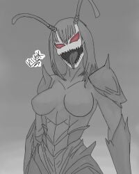 antennae breasts claws exoskeleton facing_viewer fangs female gaping_mouth grey_background greyscale horror_(theme) insect_girl insect_humanoid insectoid kevio_nivek long_hair medium_breasts monochrome monster_girl nightmare_waifu original original_character recolor recolored red_eyes self_upload simple_background solo standing teeth tongue tongue_out