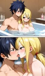 ai_generated fairy_tail french_kissing gray_fullbuster inside_bathtub lucy_heartfilia pixai romantic romantic_couple