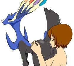 animated anus ass ass_grab blue_fur brown_hair crossover furry human legendary_pokemon meiko pokemon pokemon_(species) raised_tail rimming tongue vagina vocaloid xerneas yuri