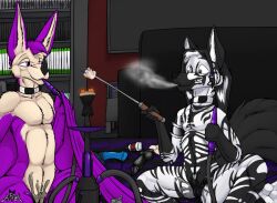 ajizza_(ajizza) ajizza_(artist) andromorph anthro bat bodily_fluids candy canid canine cuntboy dessert dildo drugs duo equid equine food fox genital_fluids genitals hookah hybrid intersex intersex/intersex knot knotted_dildo lube mammal marshmallow metras_(ajizza) pussy sex_toy smoking snacks toasting vaginal_fluids wet zebra