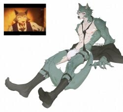 anthro beastars big_bulge big_feet black_clothing black_footwear black_socks bulge canid canine canis clothing feet footwear garter_straps hi_res jockstrap legoshi_(beastars) looking_at_viewer male male_only mammal mostly_nude muscular muscular_male necktie nipples runmilkpan simple_background socks solo underwear wolf