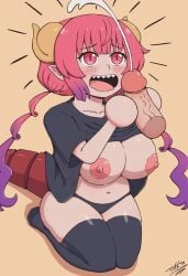 anime anime_girl anime_style belly belly_button big_areola big_breasts big_nipples big_penis black_panties black_socks blush breasts breasts_out cum cumshot dragon_girl female female_focus handjob horns ilulu_(dragon_maid) kneeling kobayashi-san_chi_no_maidragon long_hair long_socks masturbation multicolored_hair nipples open_clothes open_mouth panties penis pink_eyes pink_hair pointy_ears purple_hair sharp_teeth shirt shirt_up simple_background socks surprised tail teeth tongue twintails veiny_penis