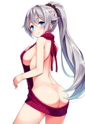 1girls ai_generated android ass blue_eyes breasts breasts exposed_back exposed_hips gray_hair hismajestyii jenn_schauber_(hismajestyii) jenn_schauber_(t-1p_body)_(hismajestyii) large_breasts light_skin mature mature_female novelai original original_character ponytail silver_hair slim slim_waist smile synthetic_body virgin_killer_outfit virgin_killer_sweater