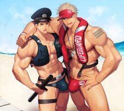 2boys abs bara beach beefy belt biceps big_bulge blonde_hair blue_hair blush buckle bulge bulge_through_clothing bulletproof_vest cap collarbone cyan_eyes earrings gay green_eyes hand_on_hip hand_on_shoulder happy_trail hi_res holding_object hunk legband life_jacket lifeguard lifeguard_swimsuit looking_at_viewer male male_only manly mature_male meisho_hanten muscles muscular muscular_arms muscular_legs muscular_male muscular_thighs navel open_mouth original original_character pecs police police_baton police_hat police_officer police_uniform short_hair six_pack standing sweat sweatdrop swimsuit tattoo tattoo_on_chest tattooed_arm thick_arms thick_eyebrows thick_thighs thong thumbs_up tough_guy v-shaped_eyebrows veiny_arms veiny_belly veiny_muscles veiny_neck very_high_resolution whistle whistle_around_neck wide_shoulders wristband